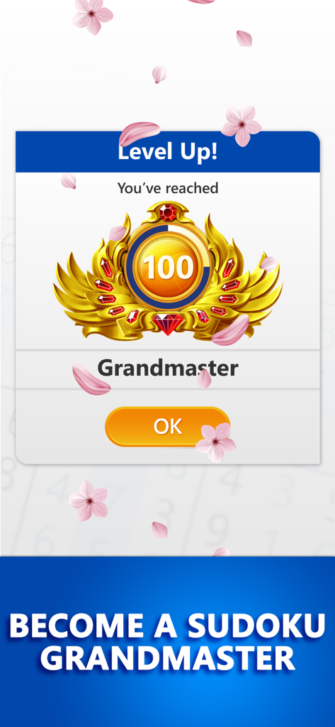 Microsoft Sudoku level up screen displaying the achievement of reaching level 100 and the Grandmaster rank