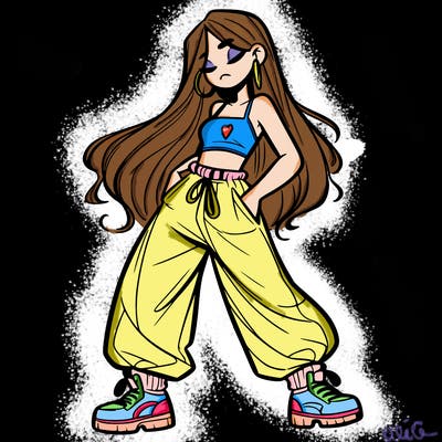 girl in baggy pants crop top and long hair