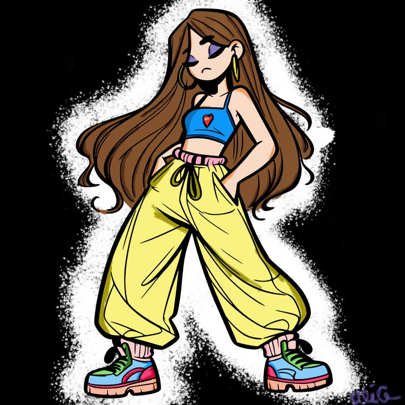 girl in baggy pants crop top and long hair