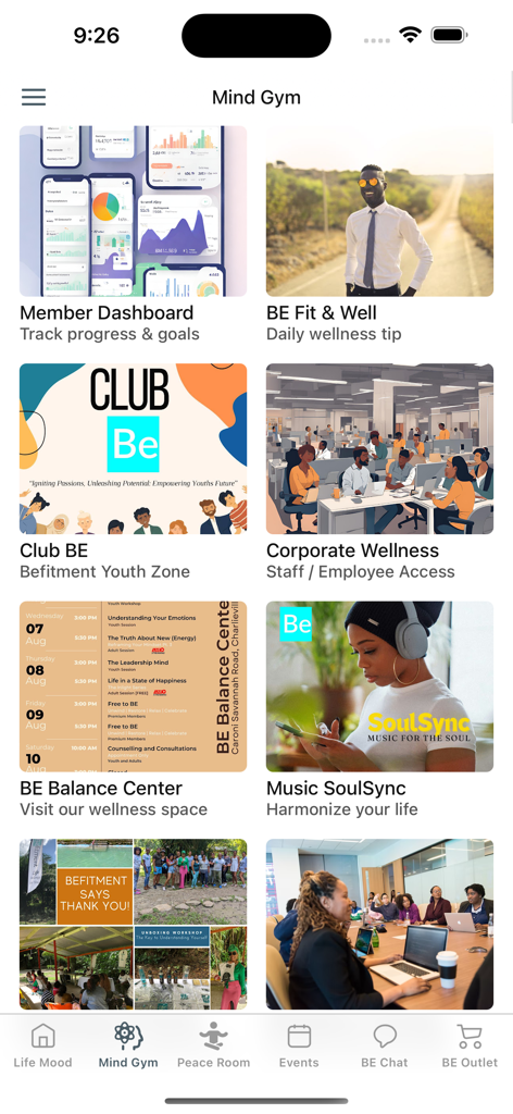 BE by Befitment - The Mind Gym dashboard of the BE by Befitment app featuring wellness tools and corporate health options