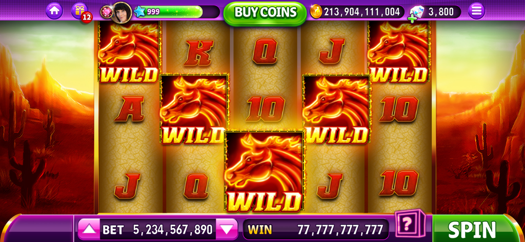 Juego de tragamonedas Mustang Money en Hit it Rich Casino mostrando símbolos comodín de caballos en llamas y un fondo desértico