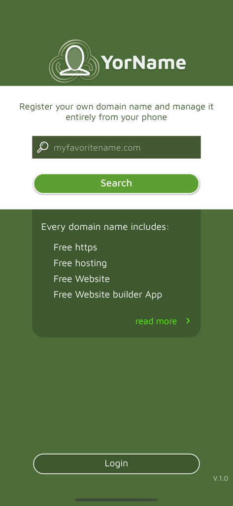 YorName App-Oberfläche zur Suche und Registrierung von Domainnamen auf Mobilgeräten.