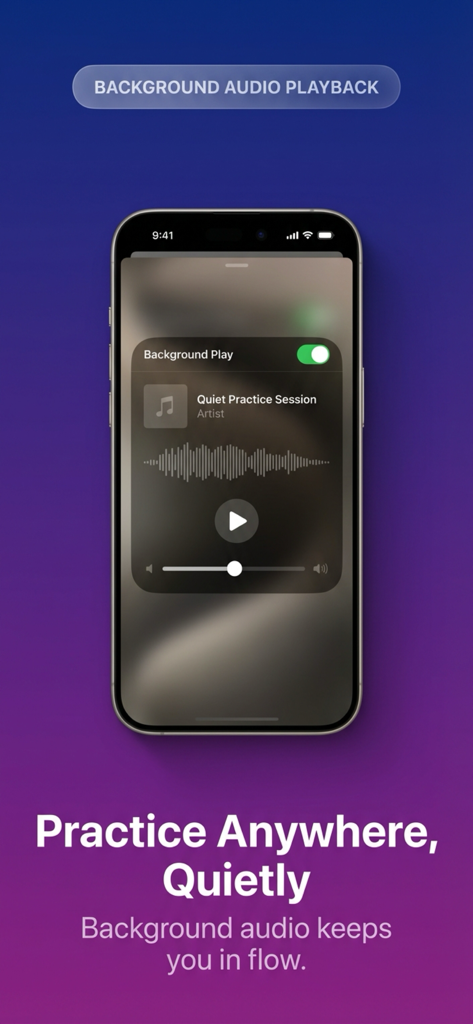 Karaoke for Youtube® - Background audio playback feature in the Karaoke for Youtube app showing a music player interface on a smartphone.