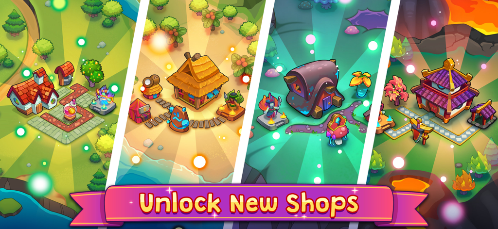 Four colorful fantasy restaurant environments shown in panels with the text Unlock New Shops