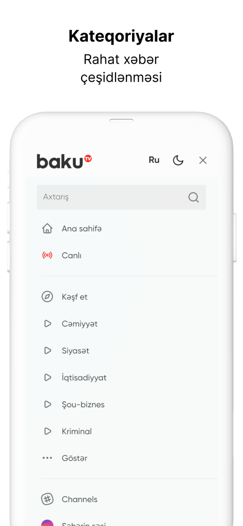 Baku.TV - Baku.TV mobile app navigation menu showing news categories such as politics society and economy in Azerbaijani.