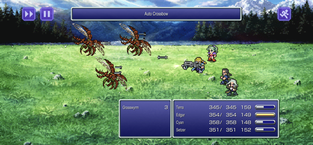 FINAL FANTASY VI - Eine Kampfszene aus Final Fantasy VI Pixel Remaster, die vier Helden zeigt, die auf einem Feld gegen Insektenfeinde kämpfen.