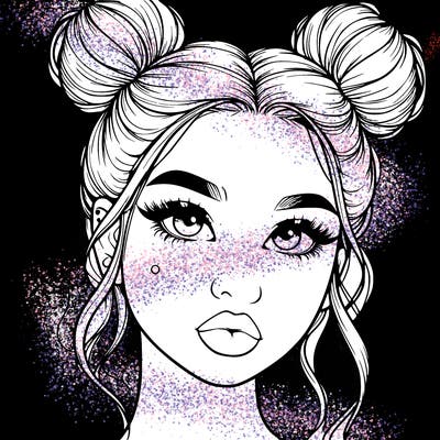 realistic girl with two buns on her hair and lips