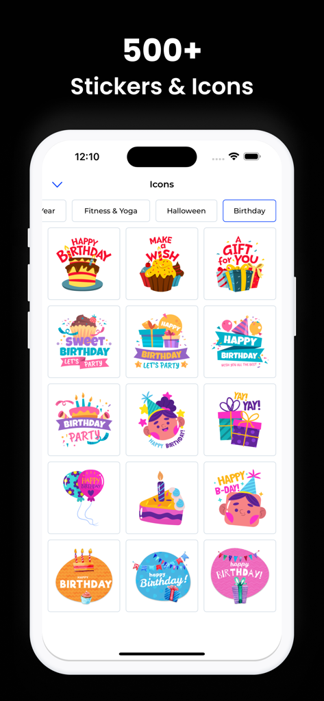 クリエイティブなポスターデザインのための様々な誕生日ステッカーやアイコンの表示
