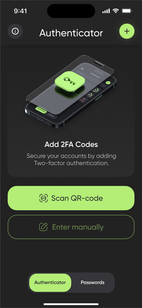 QRコードスキャンまたは手動入力で2FAコードを追加するオプションを表示するAuthenticatorアプリの画面