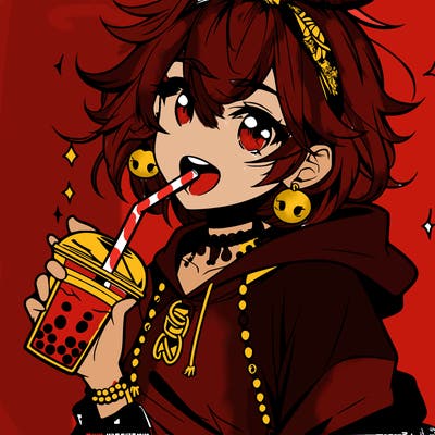 hot baddie anime girl drinking boba and biting the straw