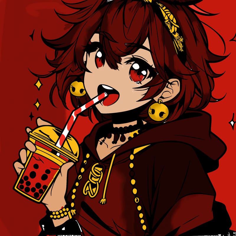 hot baddie anime girl drinking boba and biting the straw