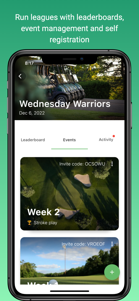 Squabbit - Golf Tournament App - A mobile screenshot of the Squabbit app showing the events page for a golf league named Wednesday Warriors