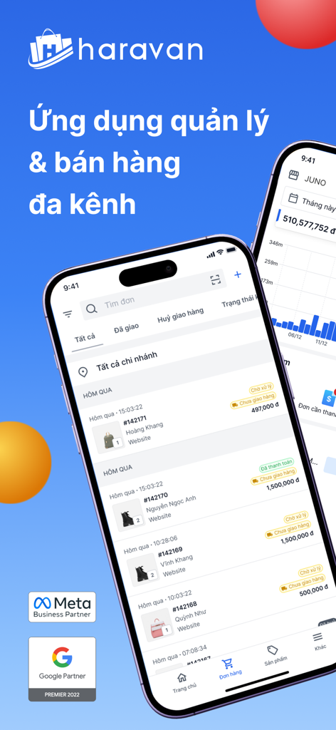 Haravan - Haravan mobile app interface displaying an order list and sales performance analytics dashboard.