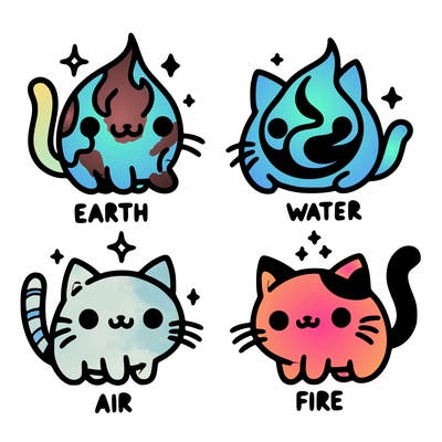 4 cats that represent the different elements, earth, water, air, and fire