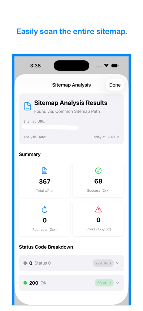 Pantalla de la aplicación móvil que muestra los resultados del análisis del sitemap con el total de URLs y los códigos de estado HTTP