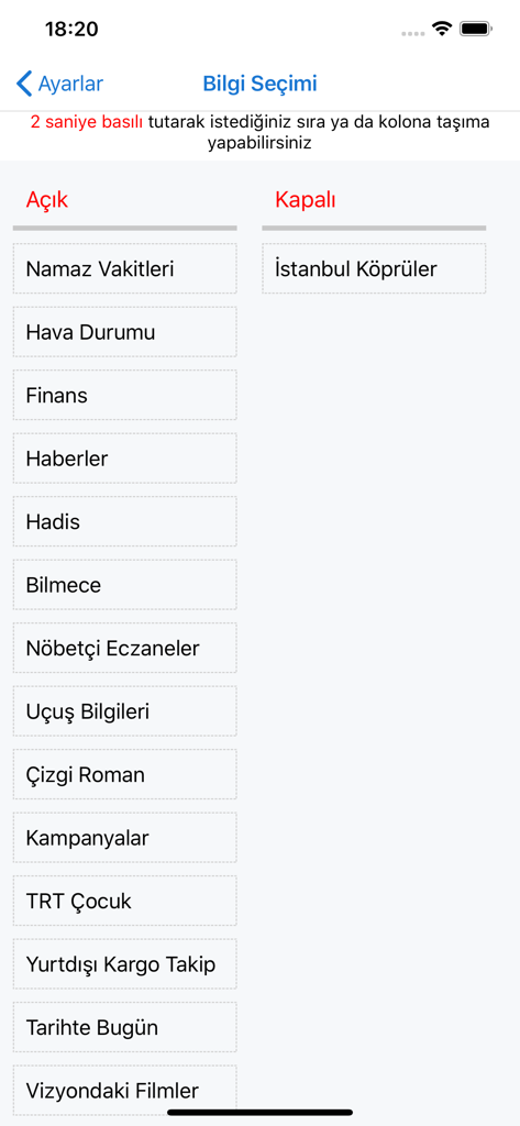 Tek Ekran - Gerekli Bilgiler - Pantalla de personalización para seleccionar módulos de información activos como los tiempos de oración y el clima en la aplicación Tek Ekran