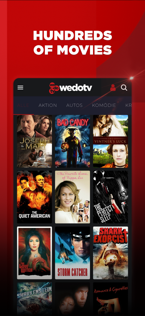 Mobile Oberfläche der wedotv-App, die eine Bibliothek mit kostenlosen Filmen und Genre-Kategorien wie Action und Komödie anzeigt.