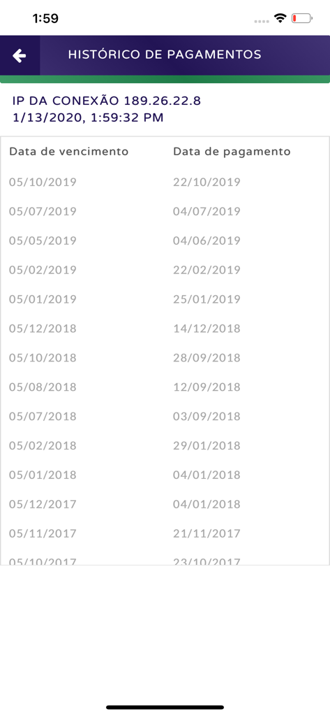 Pantalla del historial de pagos mostrando fechas de vencimiento y fechas de pago en la aplicación Garante Curitiba