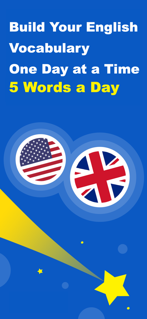 Interfaz de la aplicación English Words Trainer que muestra el lema Construye tu vocabulario en inglés día a día 5 palabras al día con iconos de banderas americanas y británicas