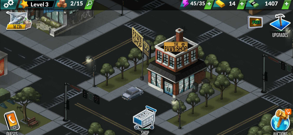 Isometric view of the pawn shop building and city streets in Bid Wars 2 game.