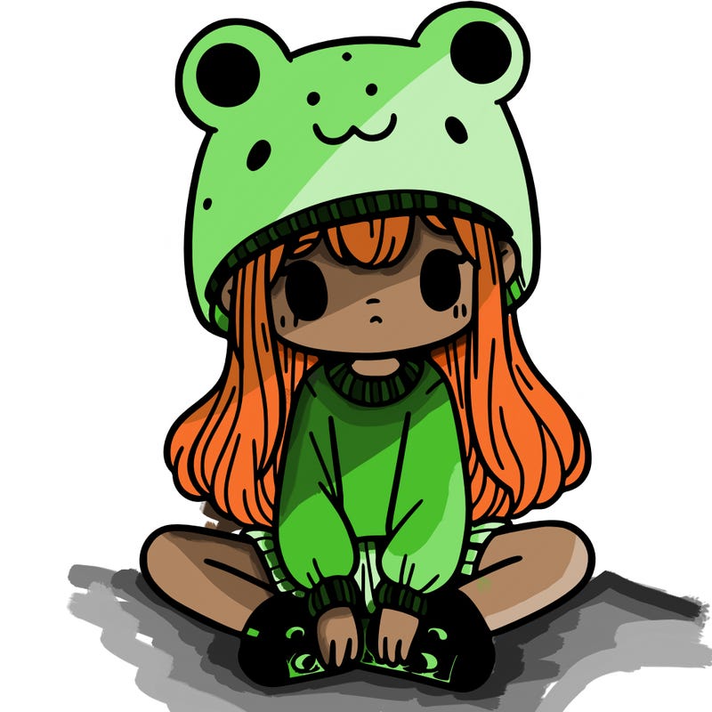 a girl wearing a frog hat and some frog socks