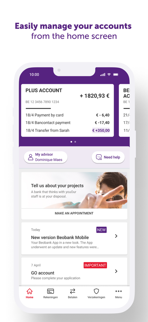Beobank Mobile app dashboard displaying account balance and transaction history