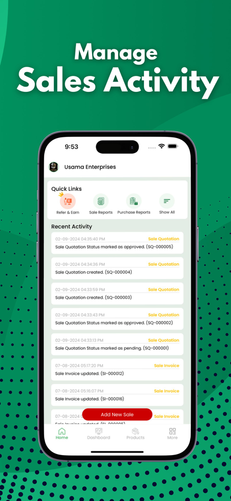 Inventory and Accounting app - Dashboard de Splendid Accounts mostrando actividad de ventas y facturas recientes.
