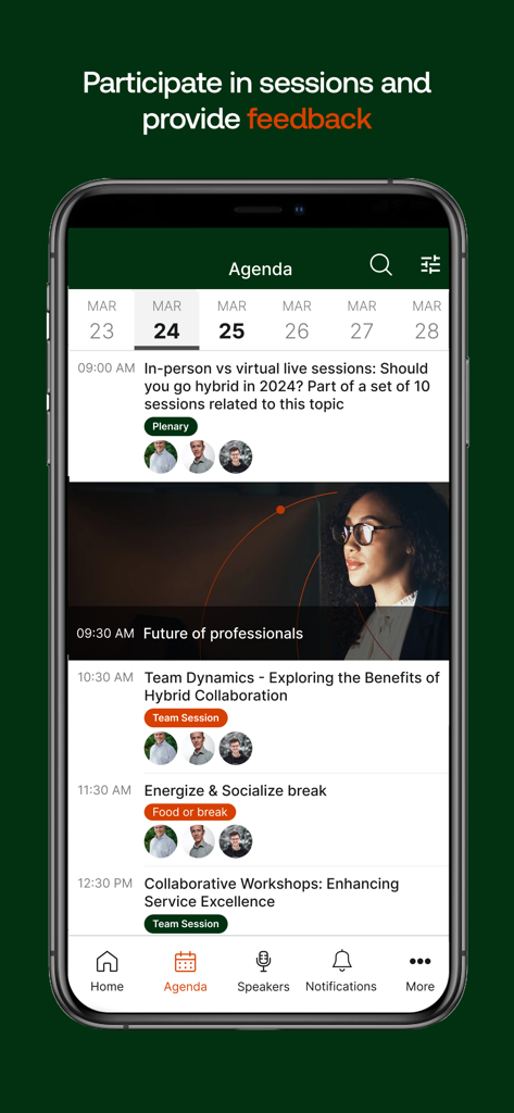 Pantalla móvil que muestra la agenda de la conferencia y el horario de sesiones en la aplicación Thomson Reuters Connect.