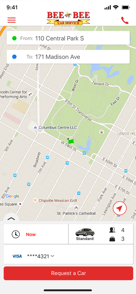 Interface do aplicativo móvel Bee Bee Car Service mostrando um mapa de reserva de viagem e botão de solicitação.