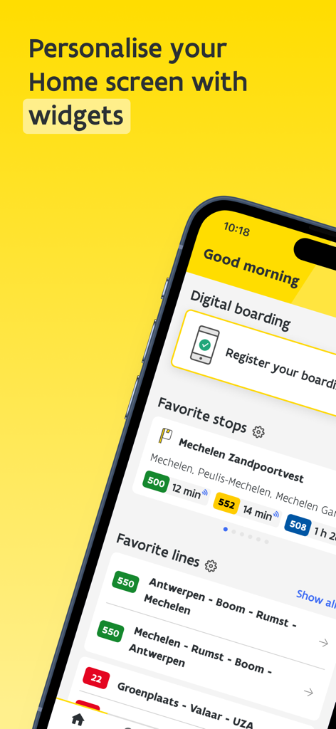 De Lijn - Interfaz de la aplicación móvil De Lijn que muestra widgets de transporte personalizados para paradas y líneas favoritas
