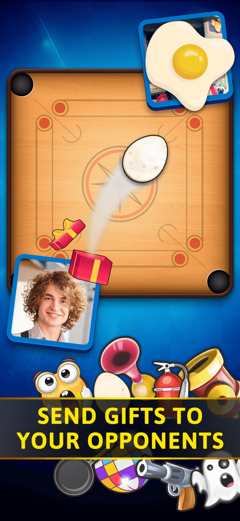 Carrom 3D SuperStar - Jugadores enviándose regalos divertidos como huevos fritos durante una partida de carrom digital