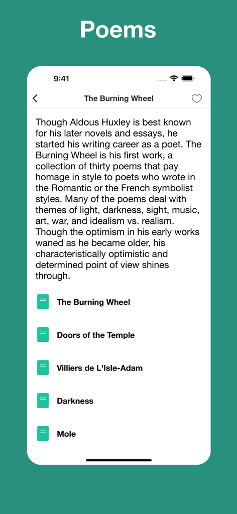 Poetry Audiobooks - Mobile interface of Poetry Audiobooks showing the poem collection The Burning Wheel by Aldous Huxley with a list of individual poem titles.
