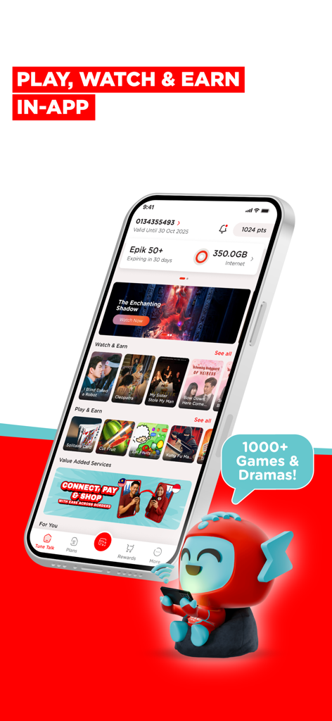 Tune Talk App-Oberfläche mit Spielen, Dramen und Datenguthaben für malaysische Nutzer.