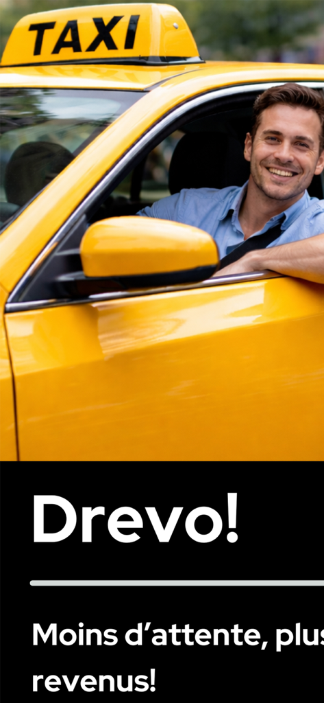 Drevo Driver - A smiling male taxi driver in a yellow car representing the Drevo Driver app