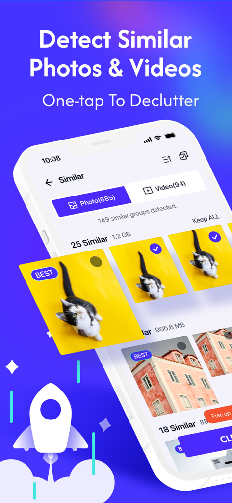 Cleaner Mate Pro-Storage Boost - Interface of Cleaner Mate Pro app showing the detection and selection of similar photos and videos for storage optimization.