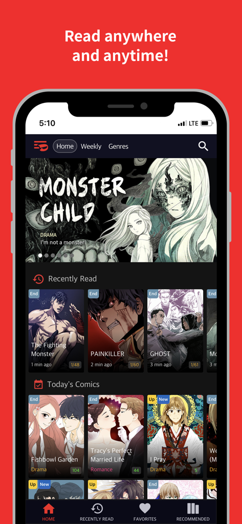Der Startbildschirm der Toomics Mobile App, der vorgestellte Comics und verschiedene Genre-Kategorien in einem vertikalen Scroll-Layout zeigt.