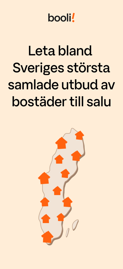 A map of Sweden with orange house icons representing property listings in the Booli app