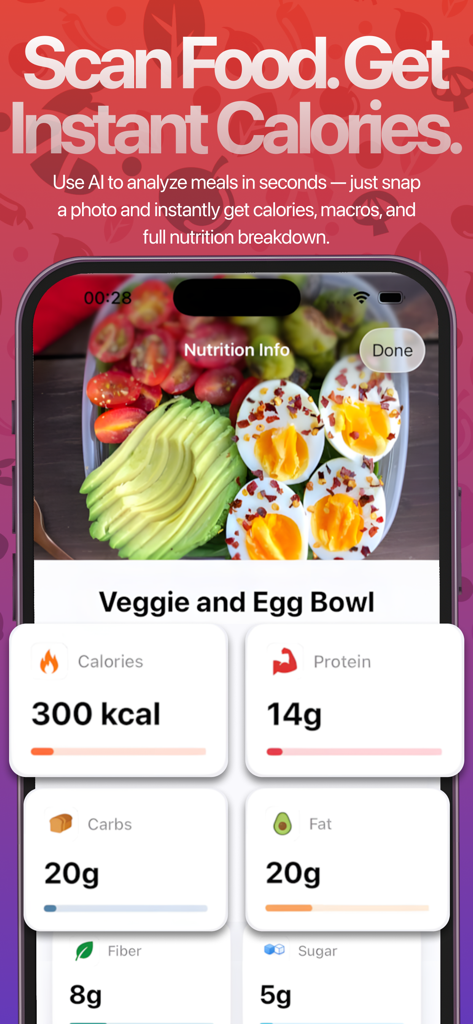 LensNutri : AI Calorie Counter - LensNutri mobile app interface showing a nutrition breakdown for a scanned veggie and egg bowl including calories and macros