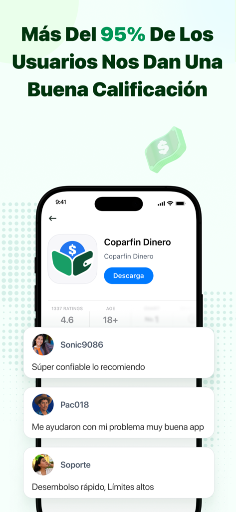 Coparfin Dinero - Screenshot of Coparfin Dinero app showing high user ratings and positive customer testimonials in Spanish.