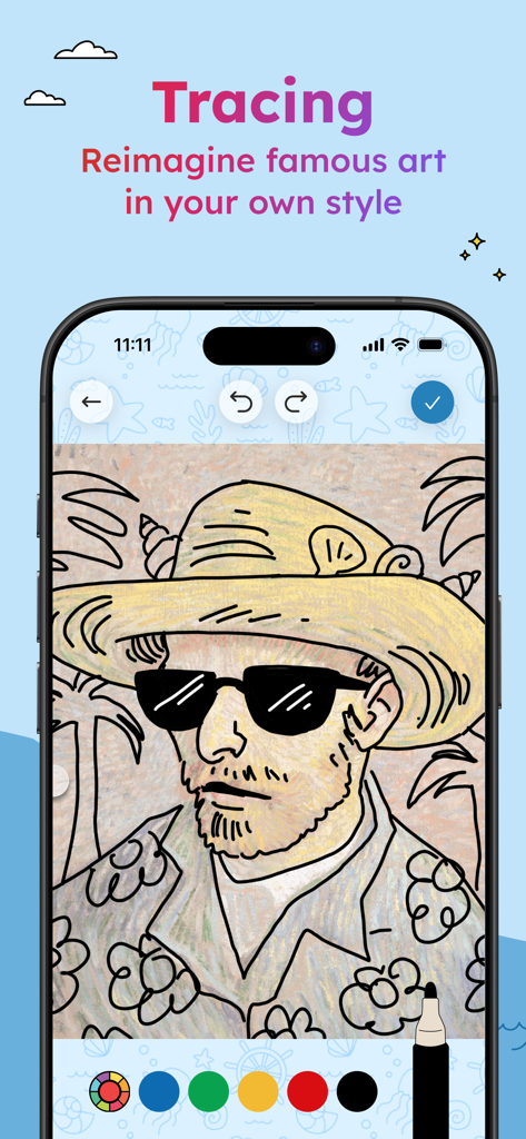 Project Aqua: Adobe for Kids - Project Aqua Adobe for Kids 앱의 트레이싱 기능에서 모자를 쓰고 선글라스를 낀 남자의 디지털 그림