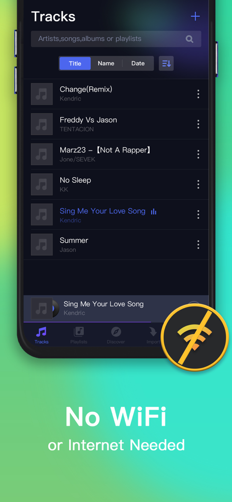 Offline music player app interface showing a list of songs with a No WiFi or Internet Needed message