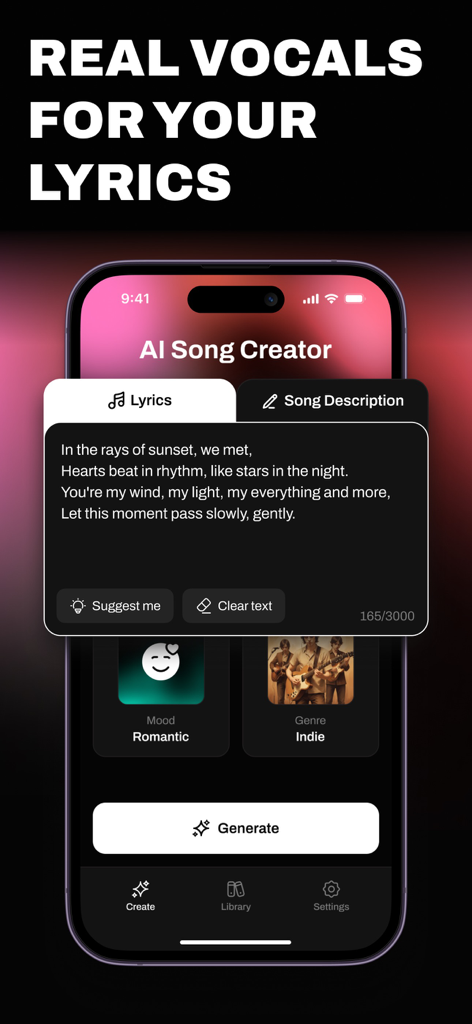 AI Song and Music Maker App - 로맨틱 인디송 가사와 생성 버튼이 표시된 텍스트 상자를 보여주는 AI 작곡 앱의 모바일 인터페이스.