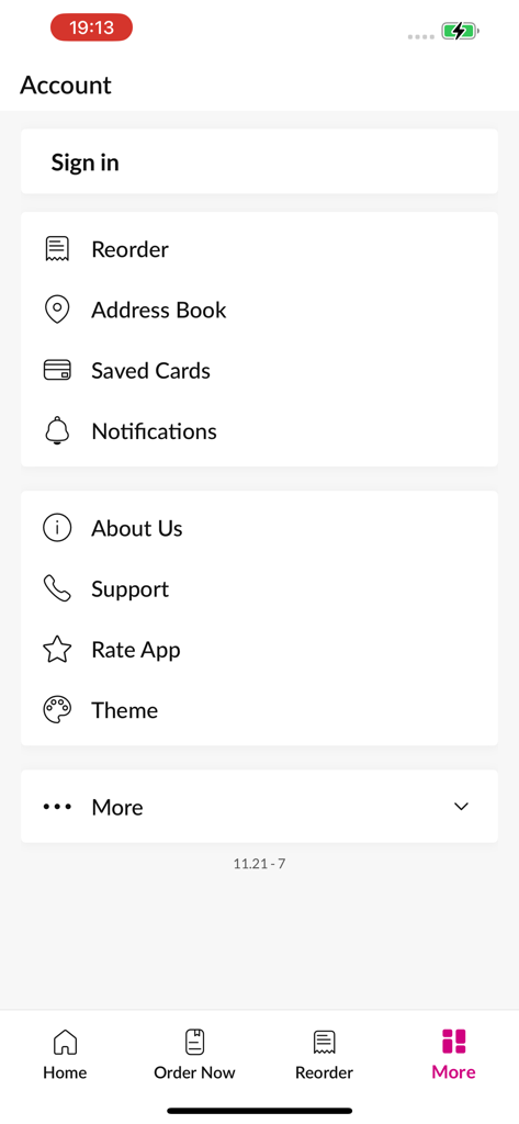 Moza. - Tela de conta do aplicativo de entrega de comida Moza mostrando opções de login e configurações do usuário