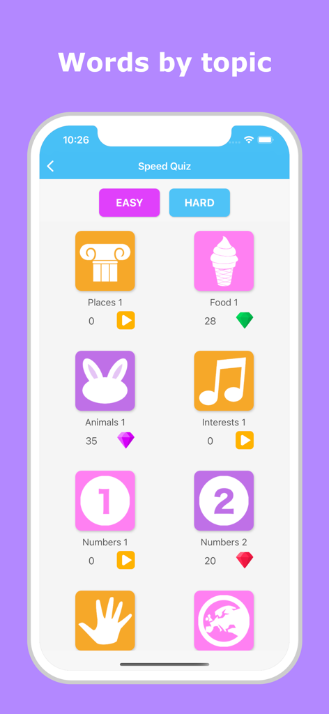Learn Vietnamese - LuvLingua - Speed quiz screen in the LuvLingua app showing Vietnamese vocabulary categories including food and animals