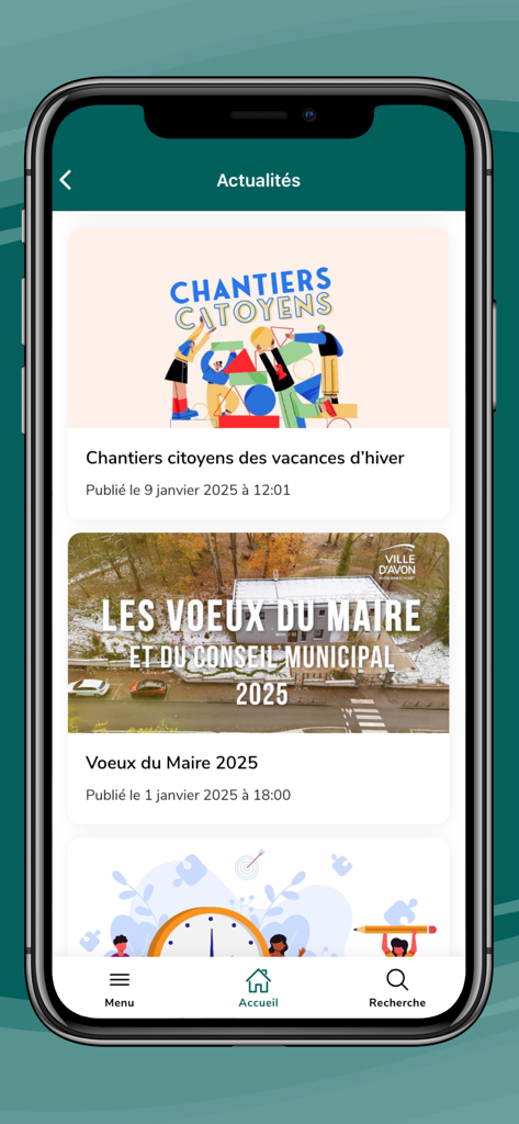 La schermata del feed di notizie dell'applicazione mobile Ville d Avon che mostra aggiornamenti municipali locali ed eventi comunitari.