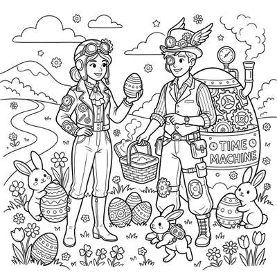 Join our adventurous Time Machine Pilots as they celebrate Easter in a whimsical steampunk world. This unique coloring page features charming bunnies, elaborately decorated eggs, and a fantastic time machine, perfect for a creative seasonal activity.