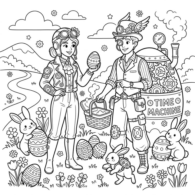 Join our adventurous Time Machine Pilots as they celebrate Easter in a whimsical steampunk world. This unique coloring page features charming bunnies, elaborately decorated eggs, and a fantastic time machine, perfect for a creative seasonal activity.