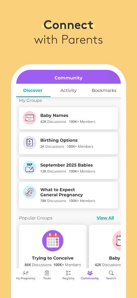 Community-Bildschirm der What to Expect App, der verschiedene Diskussionsgruppen für Eltern wie Babynamen und Geburtsoptionen zeigt.