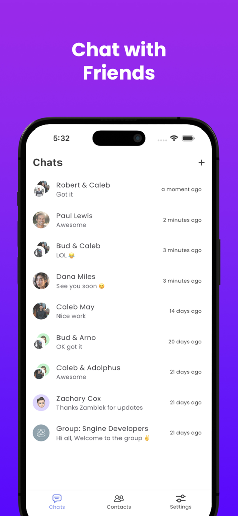 Sngine Messaging - Sngine Messaging app interface showing a list of recent chat conversations and developer groups