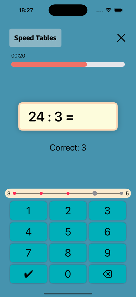 Tafels trainer - Speed Tables game screen in the Tafels trainer app featuring a math problem and keypad